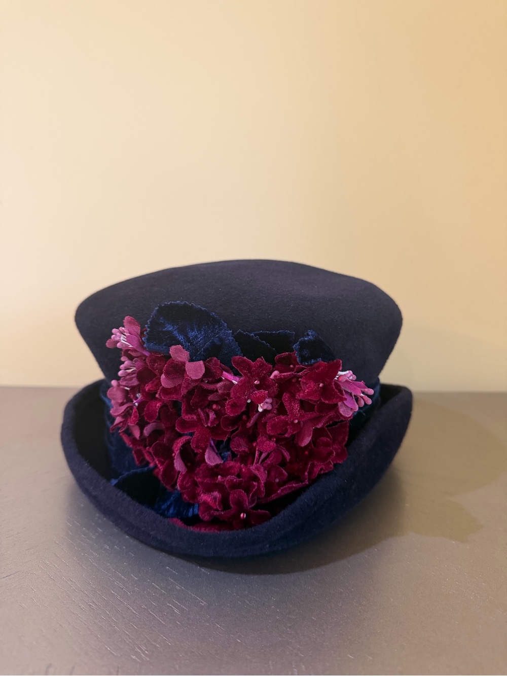 Women's Navy Felt Decorative Hat with Burgundy Floral Trim